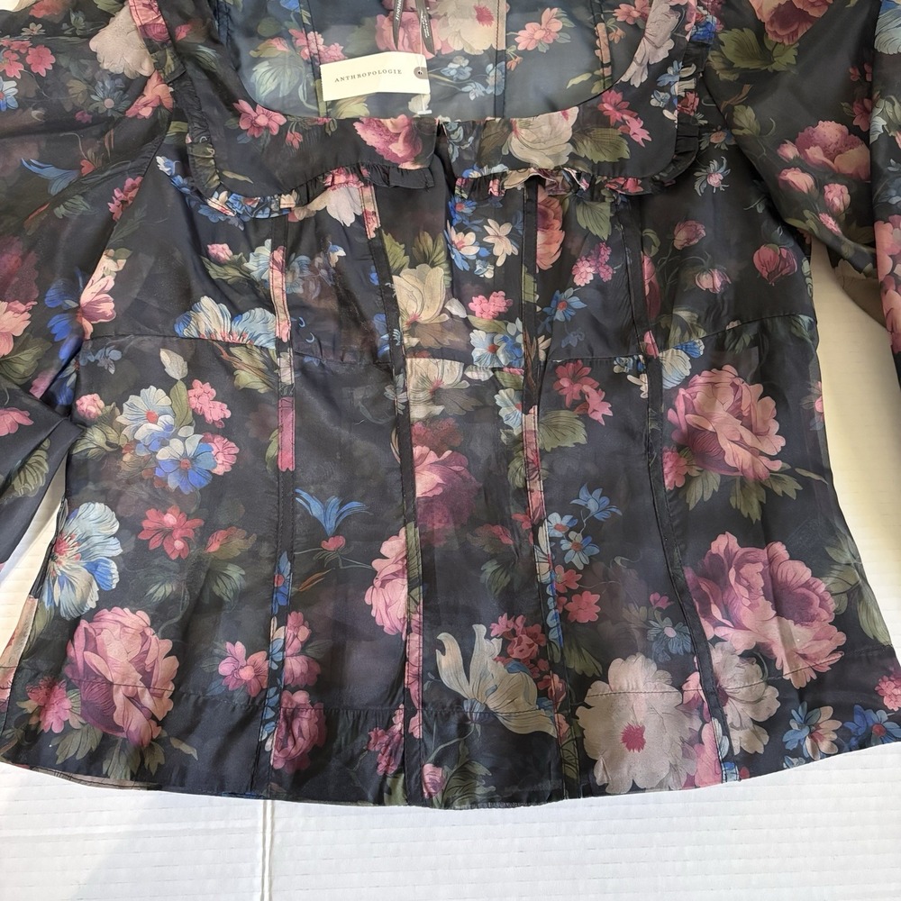 NWT Anthropologie Black Floral Corset Blouse Size M Sheer Puff Sleeve Ruffle Top - Picture 5 of 16